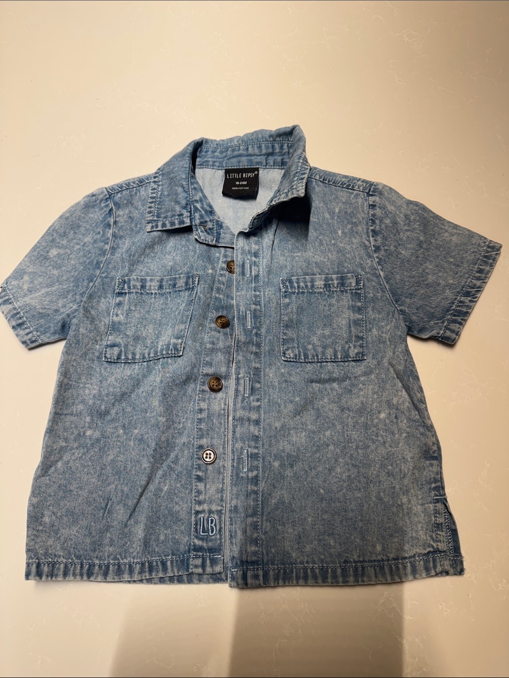 Little Bipsy Washed Denim Short-Sleeve Button-Down Shirt - Light Blue